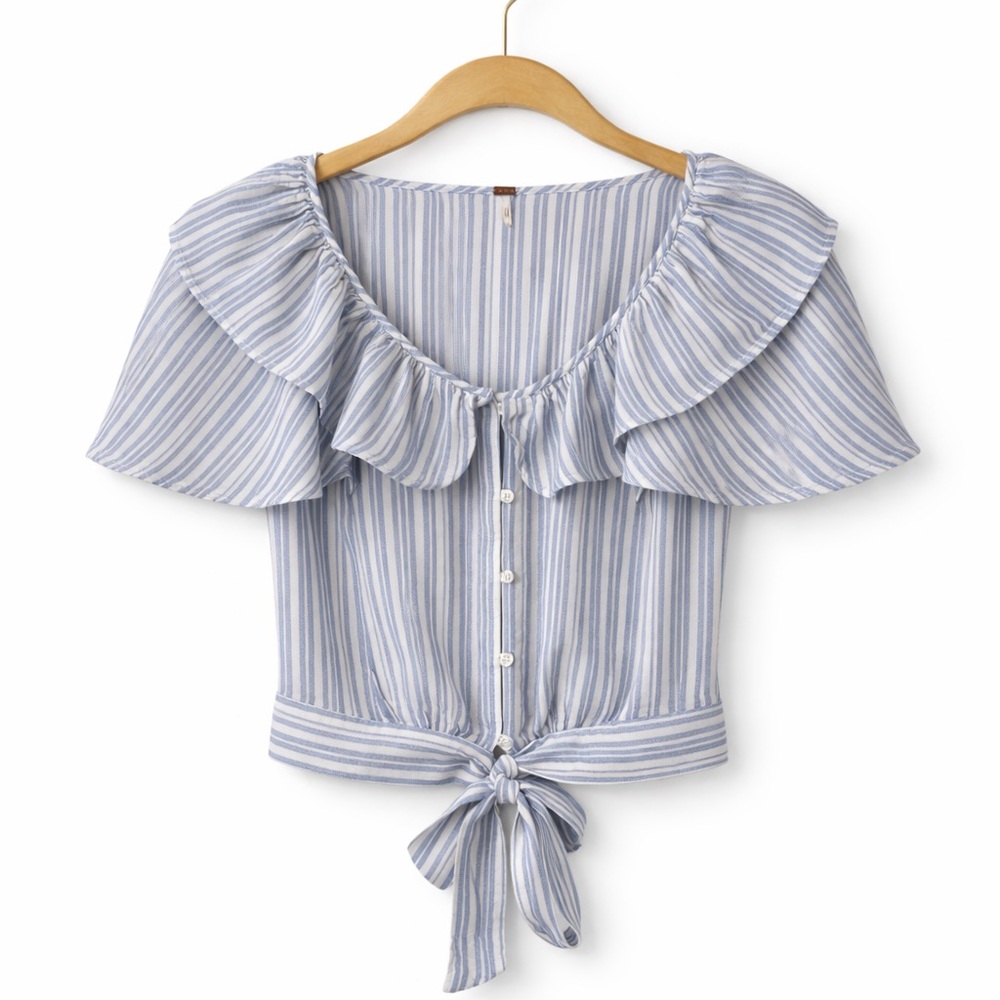 Free People Blue & White Striped Ruffle Tie-Front Crop Top